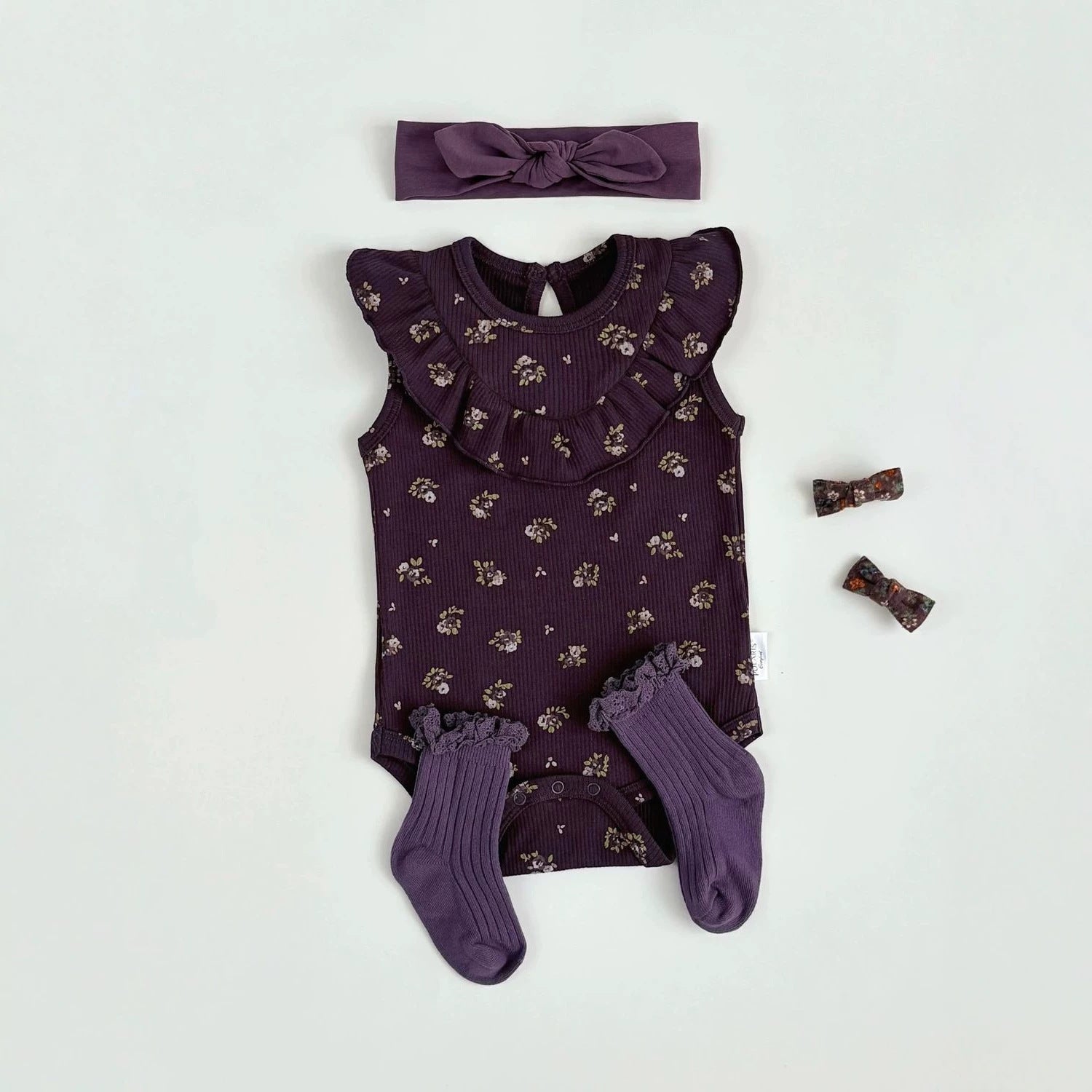 Summer Niche style Ruffled Berry-purple Floral Baby Onesie