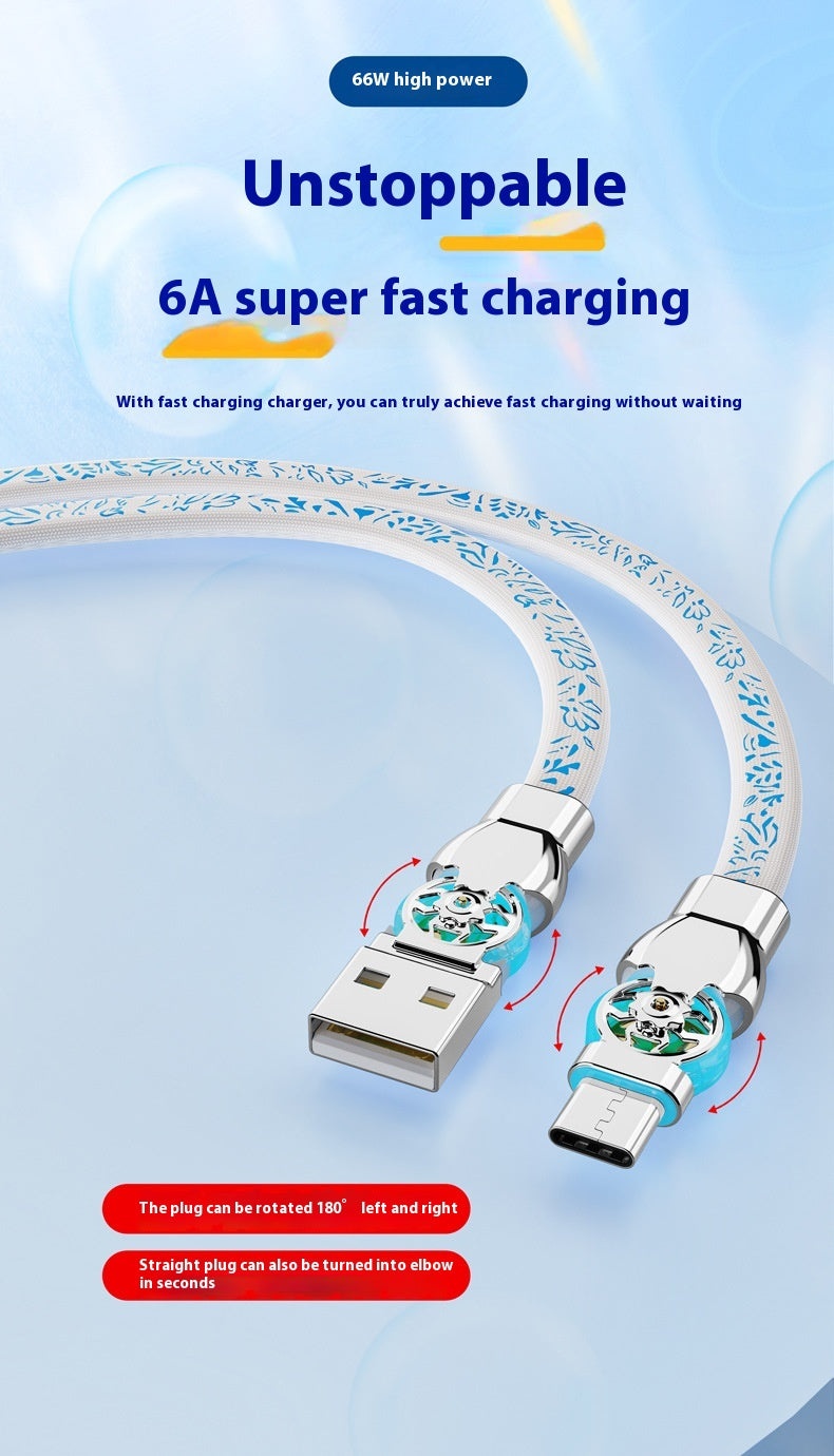 Double câble de données à charge rapide en porcelaine bleue rotative et blanche