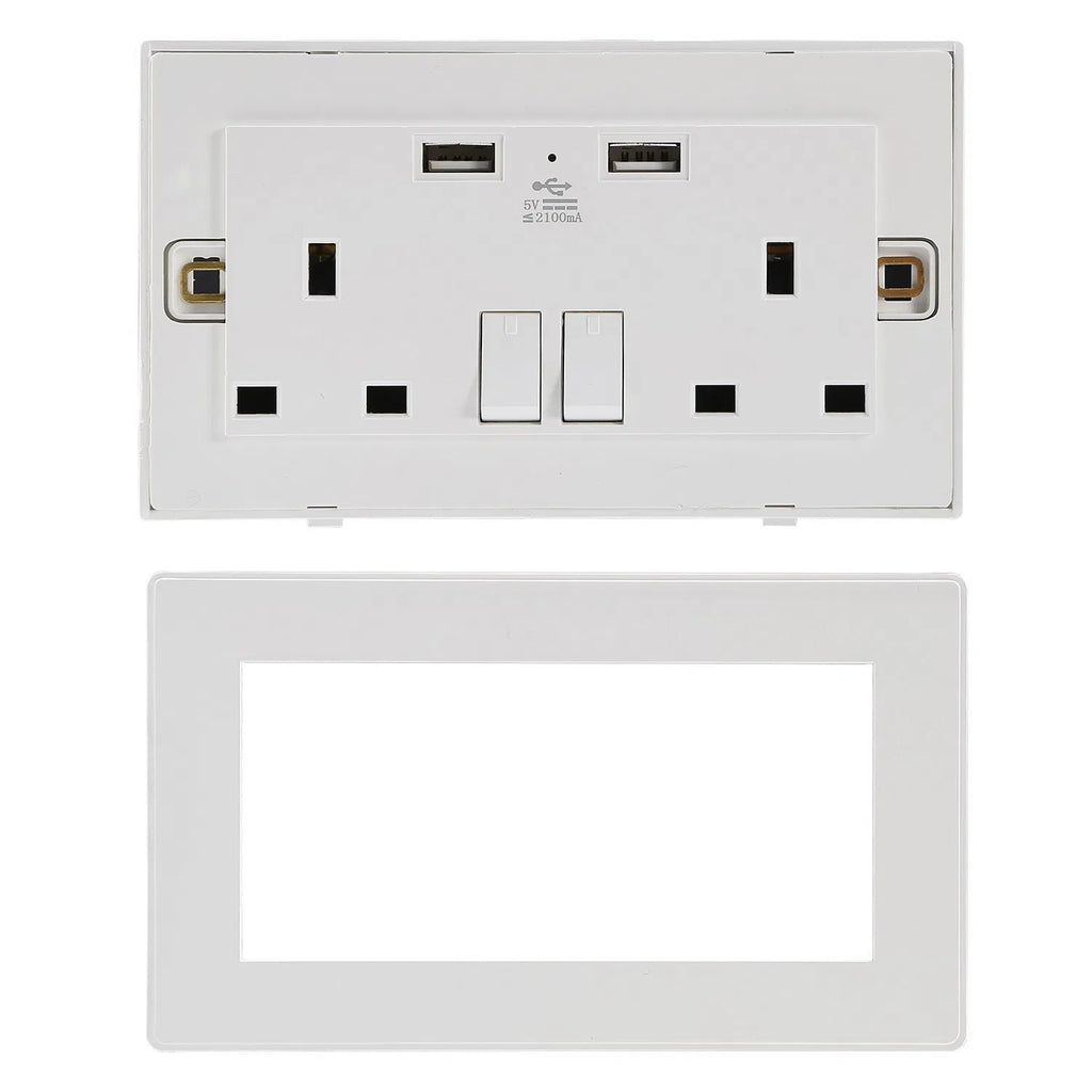 UK Wall Outlet Dual Wall Plug Socket Duplex 2.1A Chargeur mural USB avec éclairage de commutateur de prise I