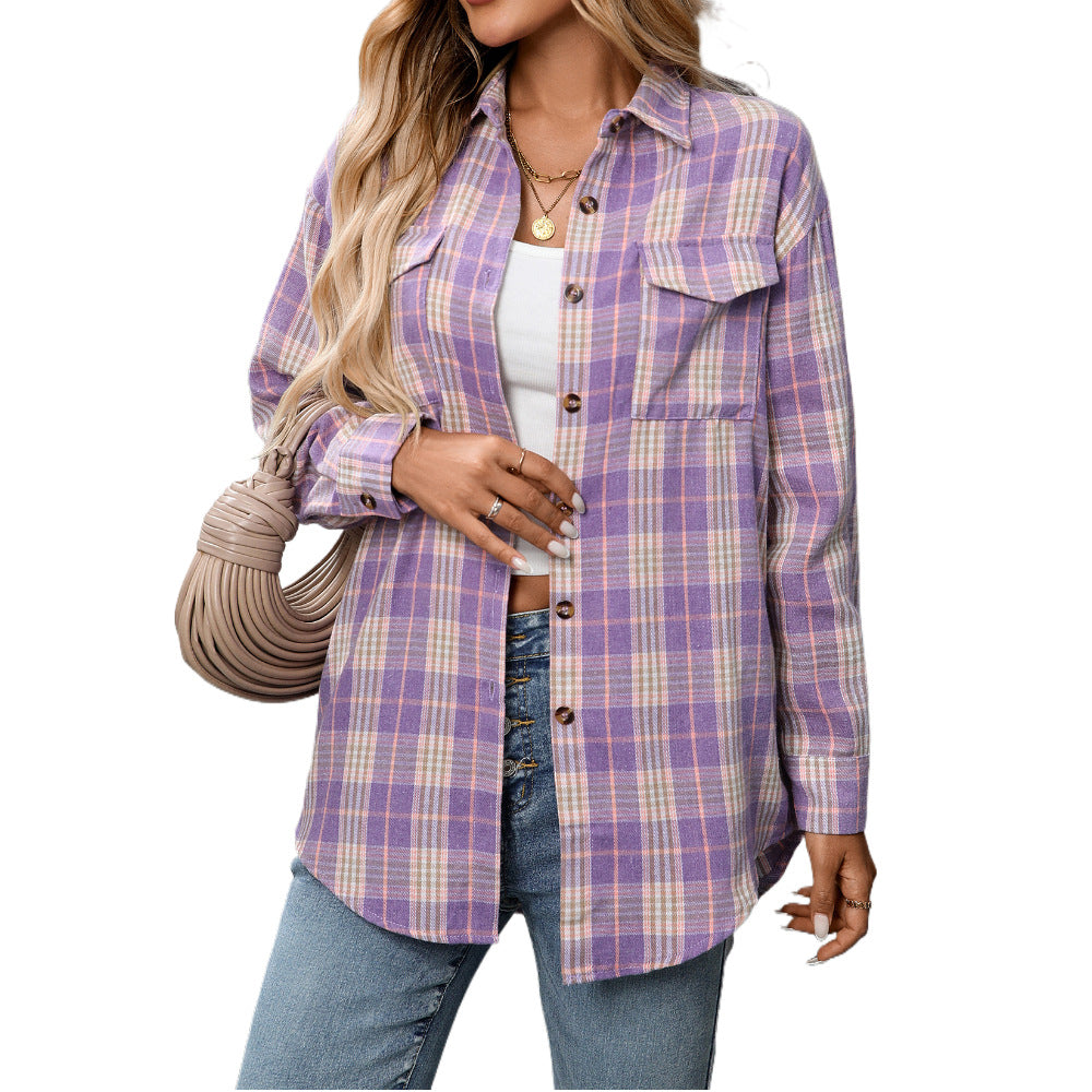 Autumn And Winter European and American Clothing Casual Fashion Loose Plaid Pocket Shirt F