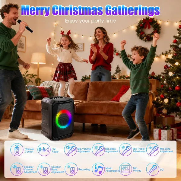 Haut-parleur de partie sans fil portable avec lumière LED 2 sans fil Mics télécommande TWS Music Ac