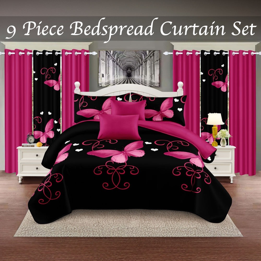 9-Piece violet et papillon noir couvre-lit et rideau
