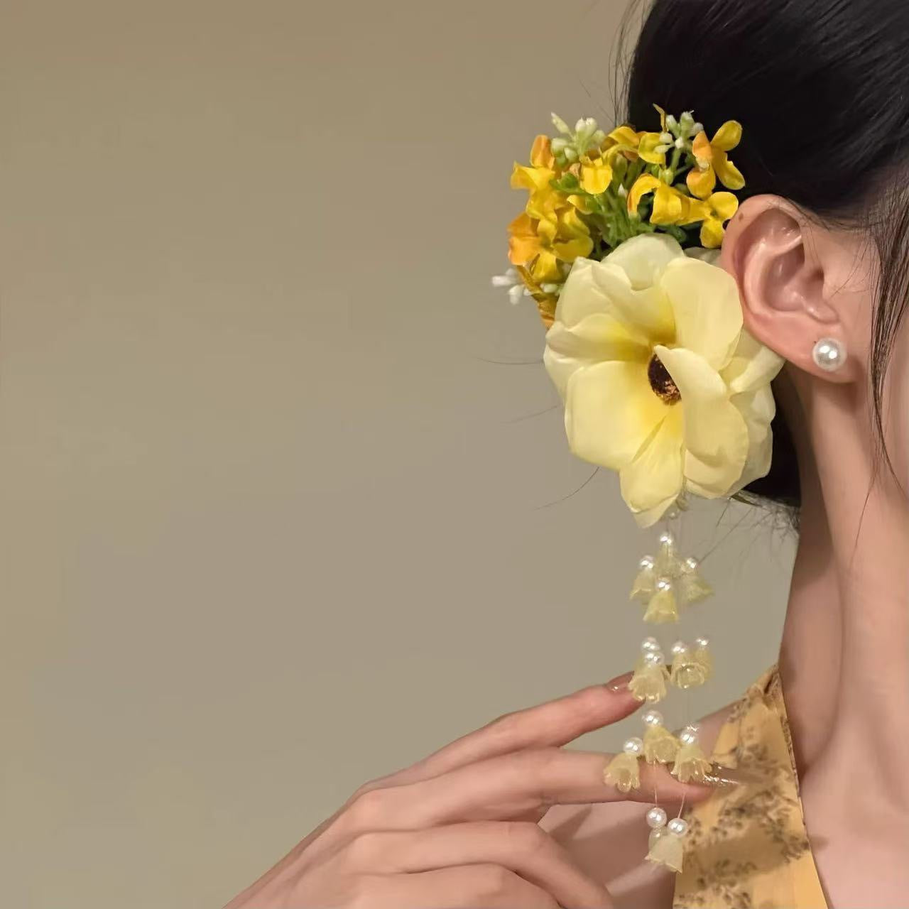 Super Fée Pure Desire Jaune Atmosphere Pearl Linglan Tassel Side Clip Hair Accessoires