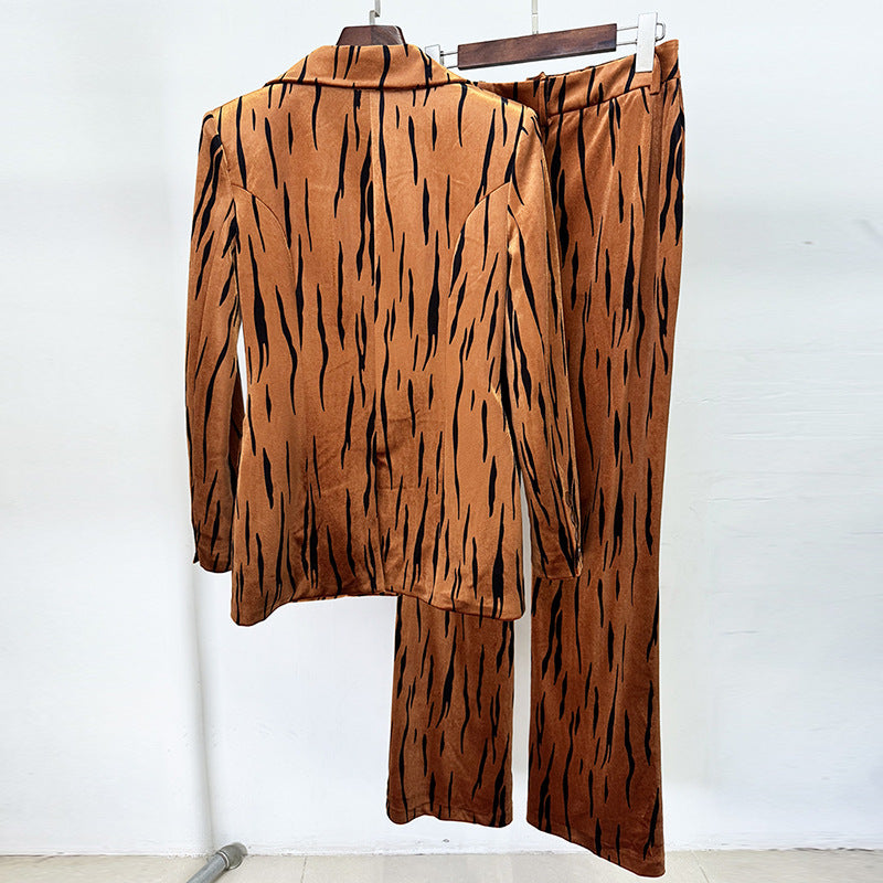 Tiger Stripe Velvet Two-Piece Suit-Double Breasted Blazer & High Waist Flared Floor-Length