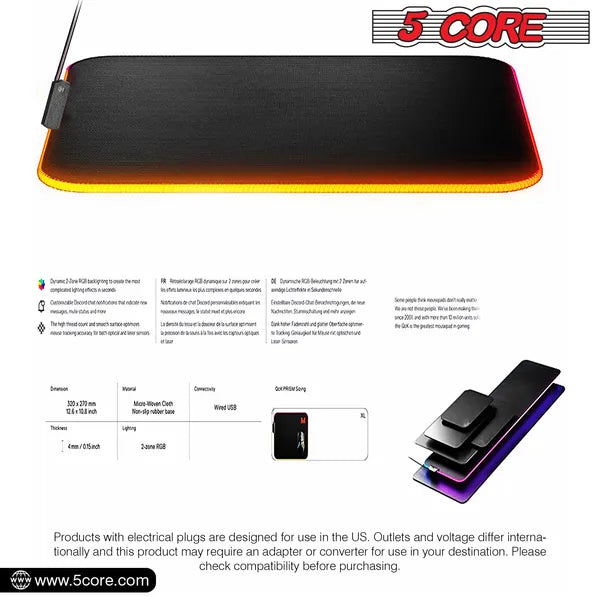 5 Core RGB Mouse Pad 12 Light Modes 2-Zone Desk Mouse Mat with Rubber Base