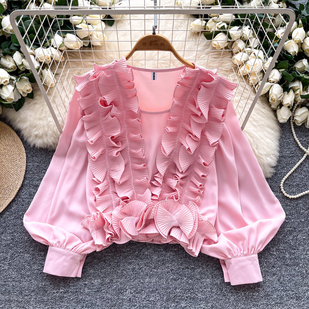 Socialite Court-Style Top avec les manches et l'ourlet volant