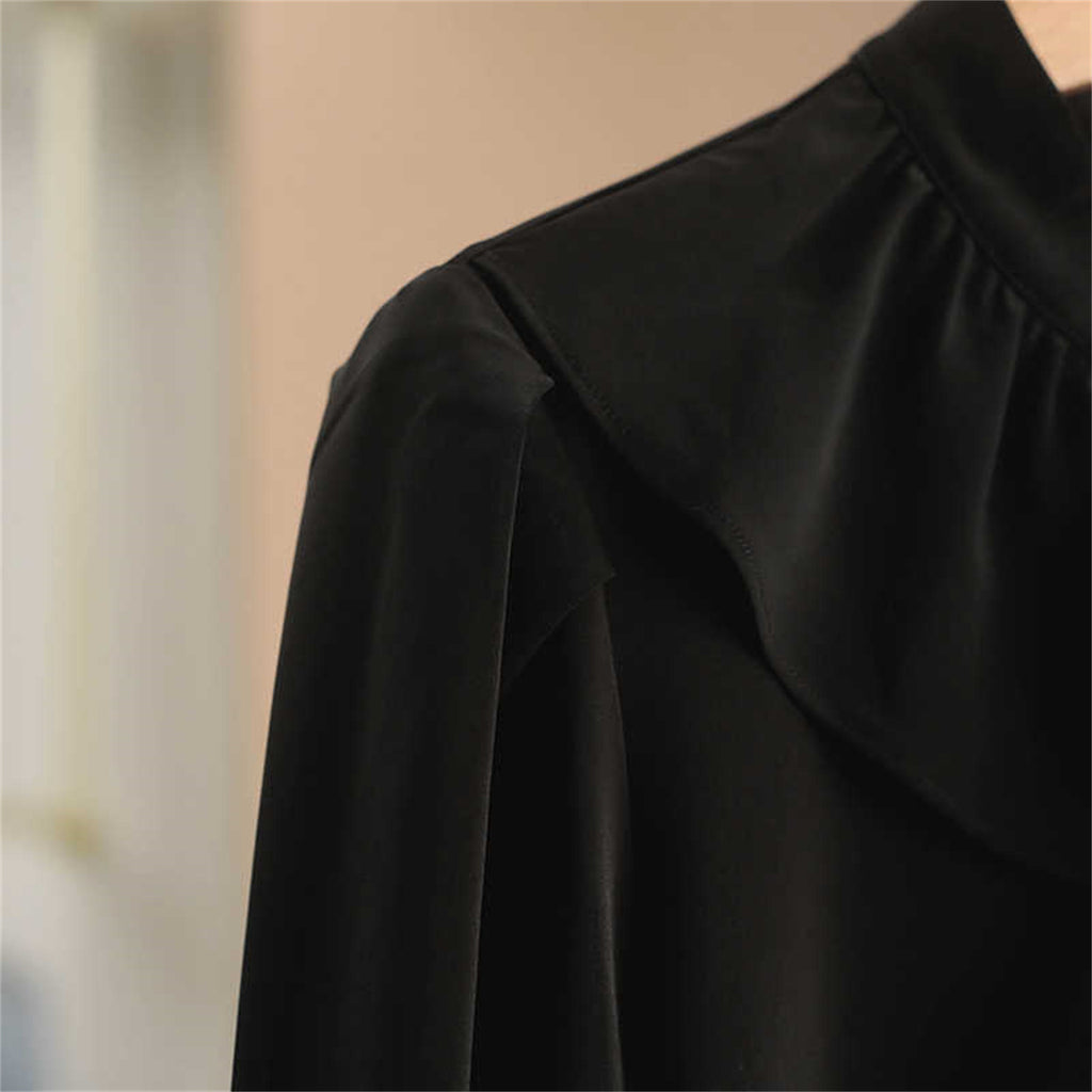 Cou rond Rufflé de couleur solide chemise simple