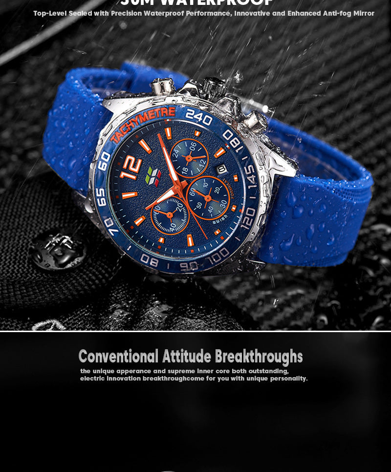 Bracelet en caoutchouc mince Montres Quartz horloge de mode Six-pin Timing Sports Wrist