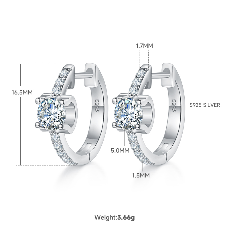S925 Argent Sterling 1.24CT Boucles d'oreilles Moissanite Hoop 16,5 mm plaqué platine Hougie Hoops W