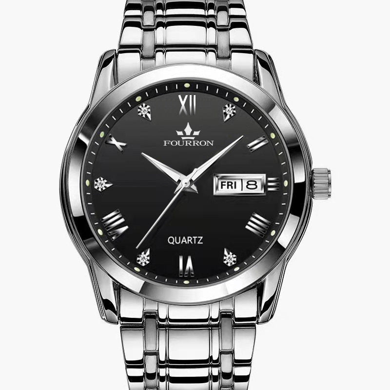 Double calendrier lumineux Quartz acier inoxydable Imperméable montre homme avec montre
