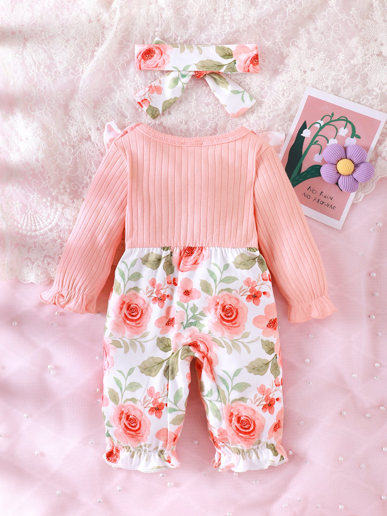 Impression florale de couleur unie Romper à longue jambe