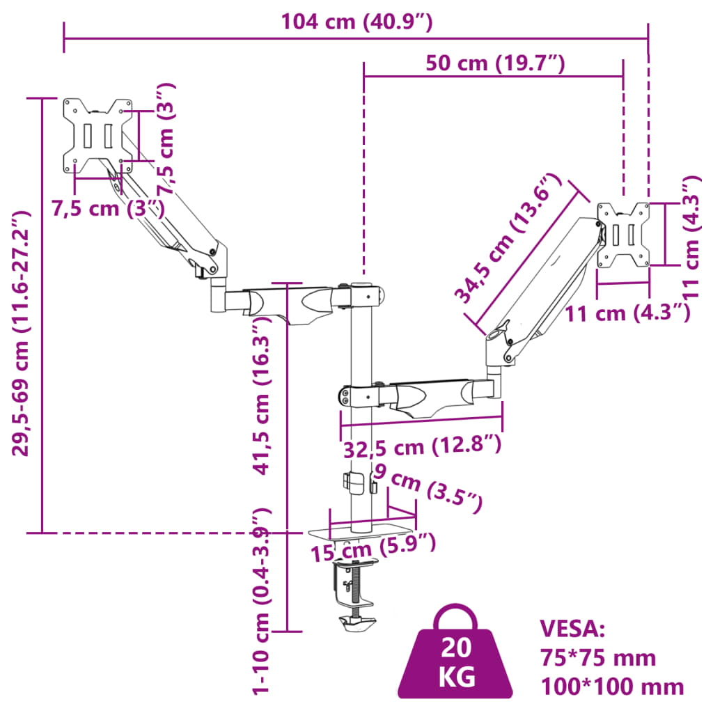 Dual Monitor Arm pour Max 27 pouces Gas Spring