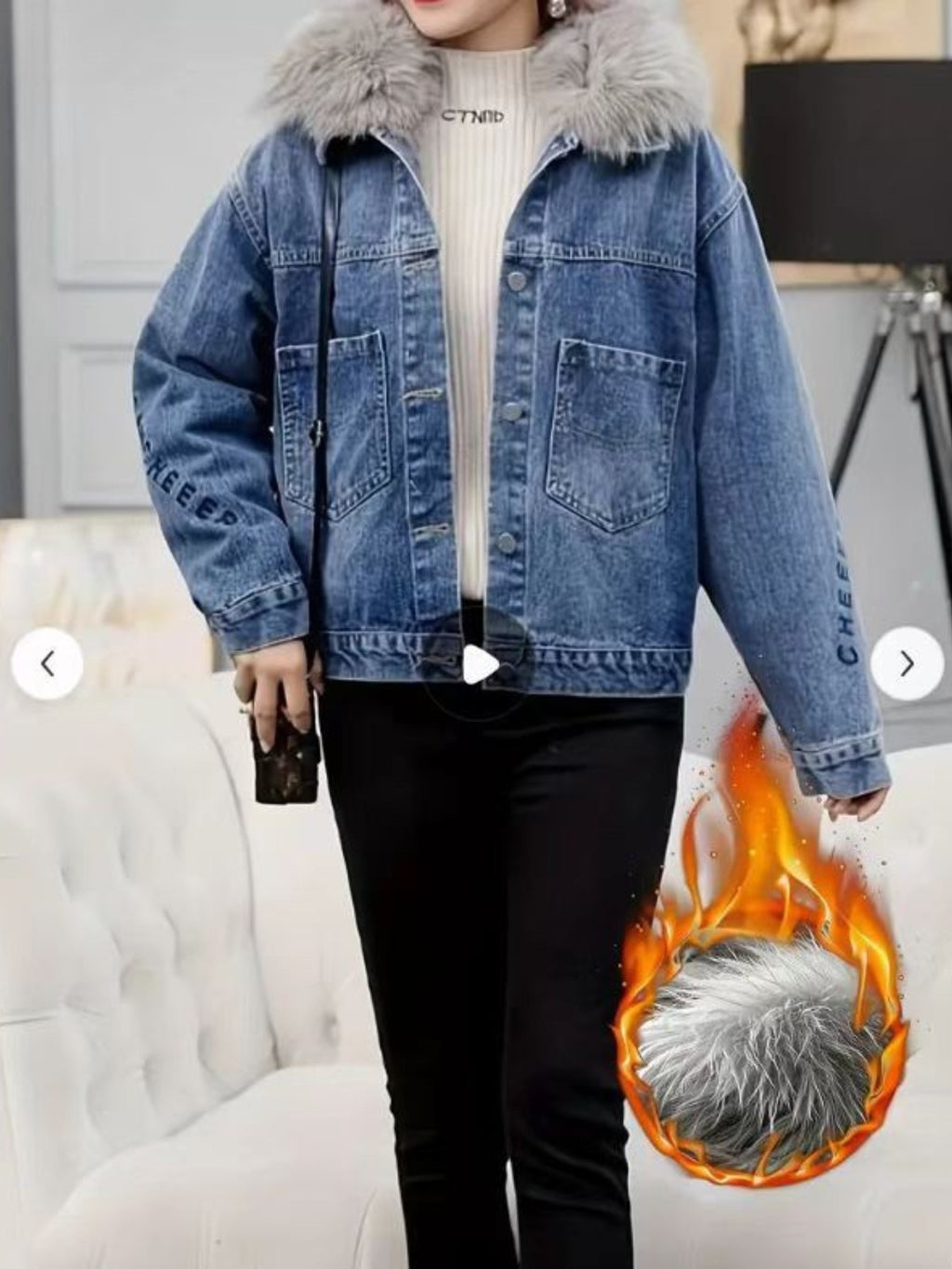 Veste de denim doublée de polaire Femmes chaud Hiver Faux Fur Collar Oversize Jean Veste prête