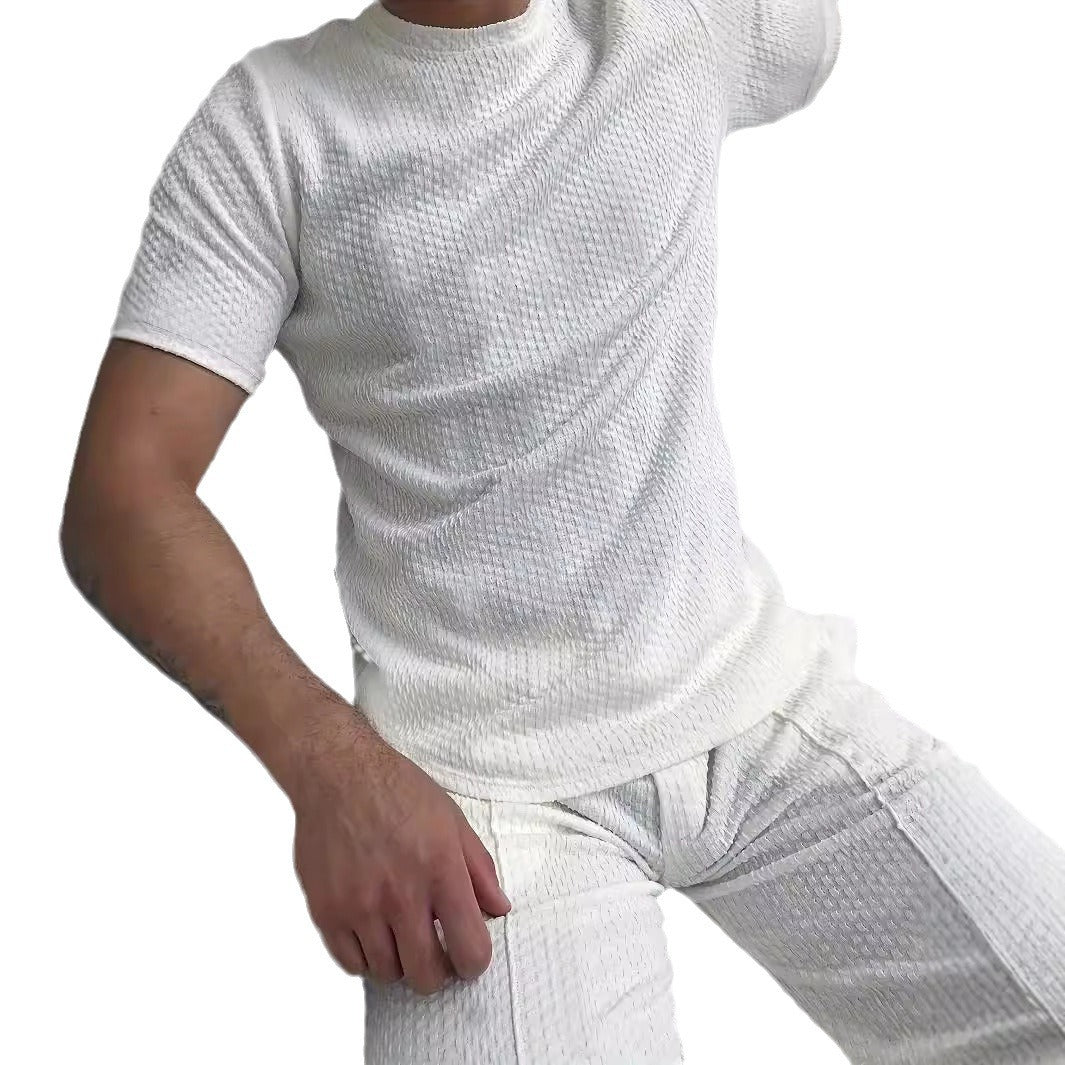 Hommes Col d'équipage Pull Jacquard Short à manches courtes