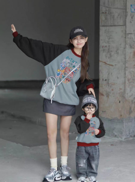Bloc de couleur Raglan Hoodie pour les parents et les enfants polyvalent et facile à styler