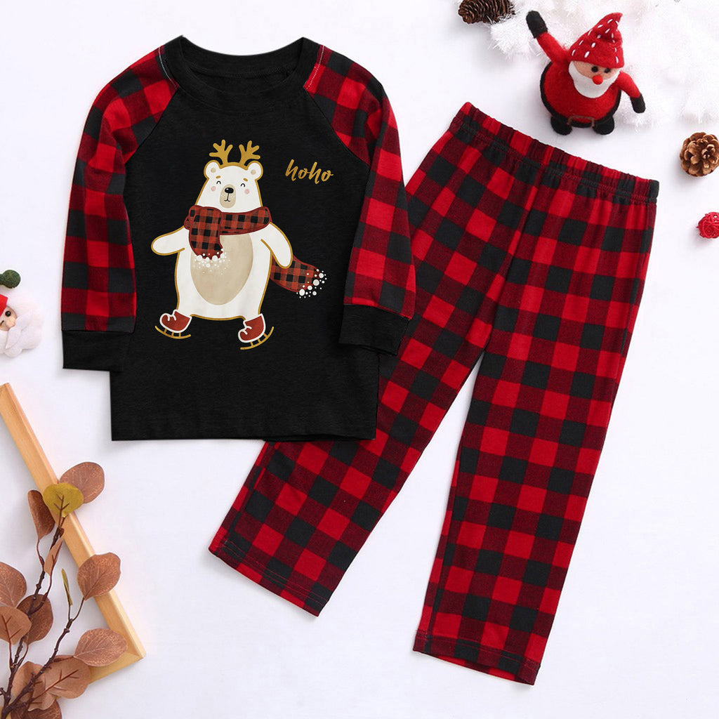 Ebay Christmas Plaid Cartoon Bear Imprimé Parent-enfant Port de longues manches Pajamas Homewear S