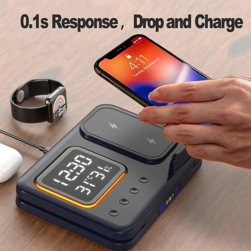 15W sans fil chargeurs Stand 5 In1 LED réveil numérique rapide charge station