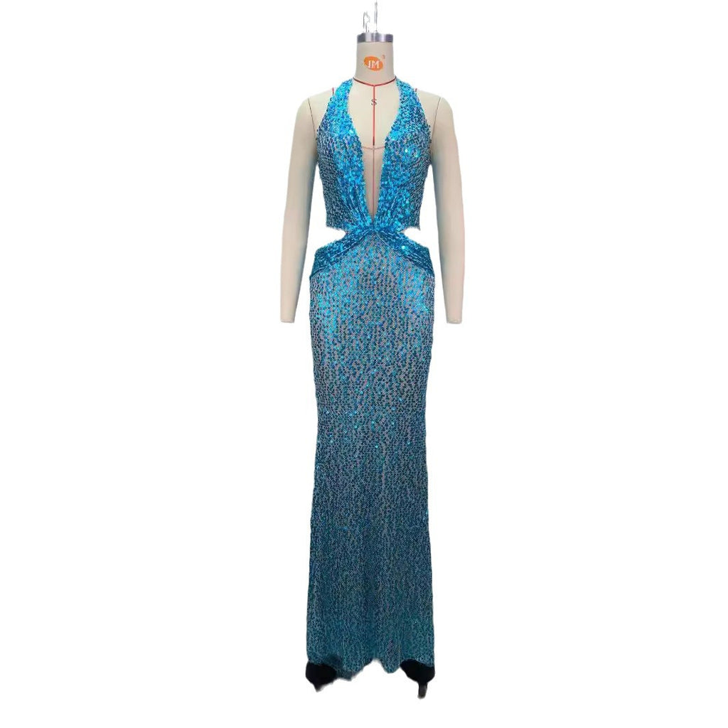 Halter profonde col V Slim Slim Slimming Party Stage Hostesse Robe de soirée