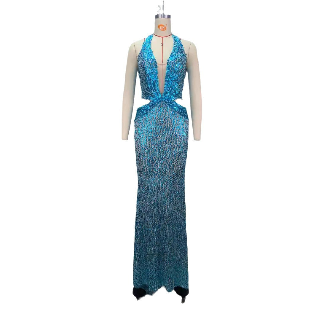 Halter profonde col V Slim Slim Slimming Party Stage Hostesse Robe de soirée