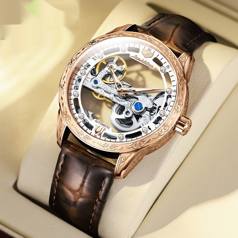 Montre mécanique openwork avec bracelet en cuir imperméable pour hommes