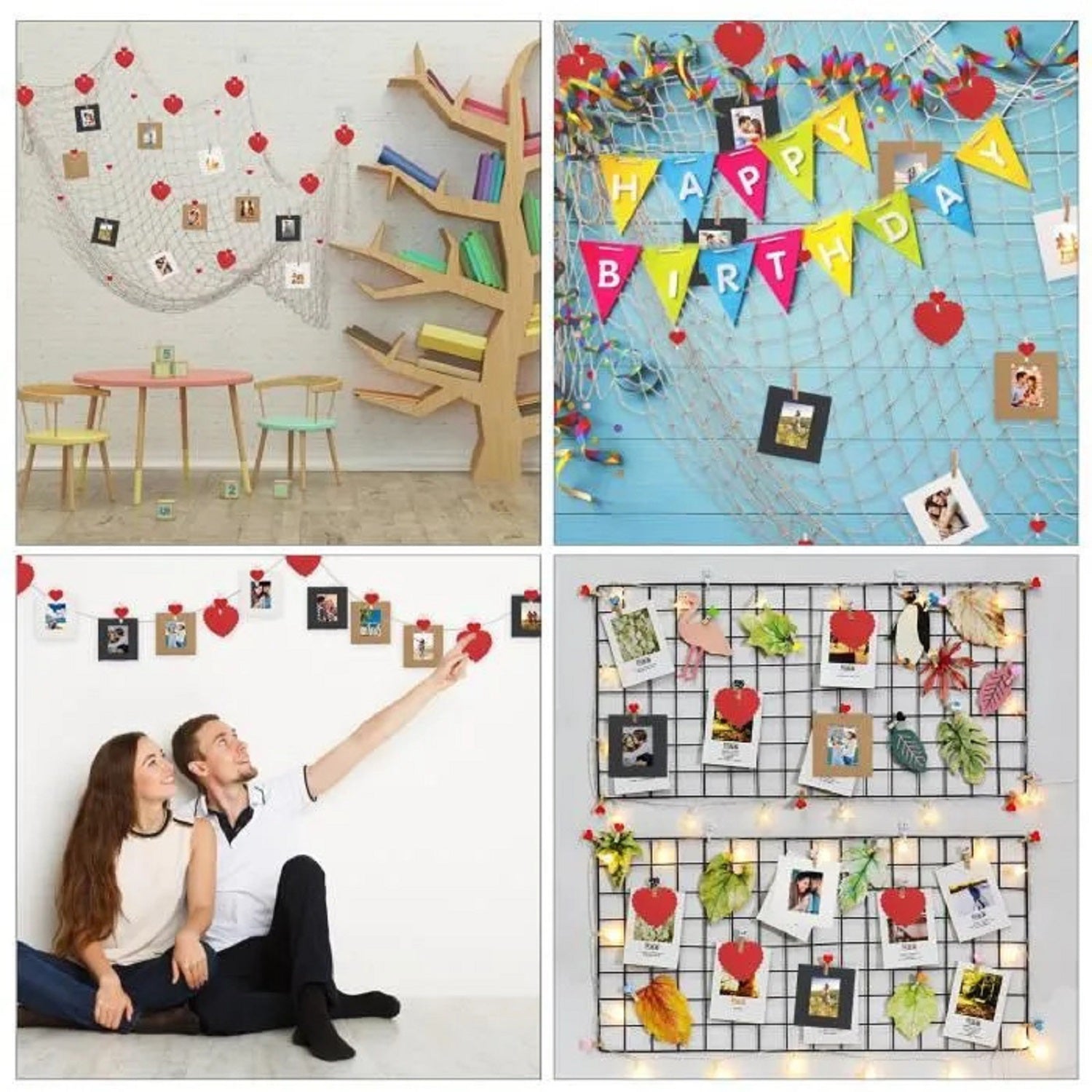 Jeu d'affichage photo du filet de pêche - 100x200 Cm Net avec clips cardiaques et cadre pour décoration murale - P