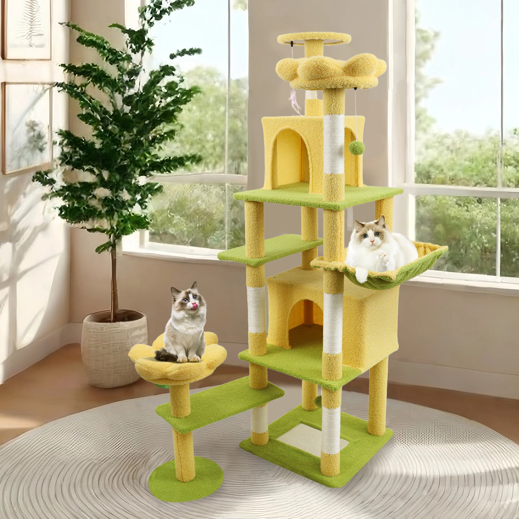 Arbre de fleurs de 71 pouces avec grand condo coussin de fleurs amovible et hamac jaune