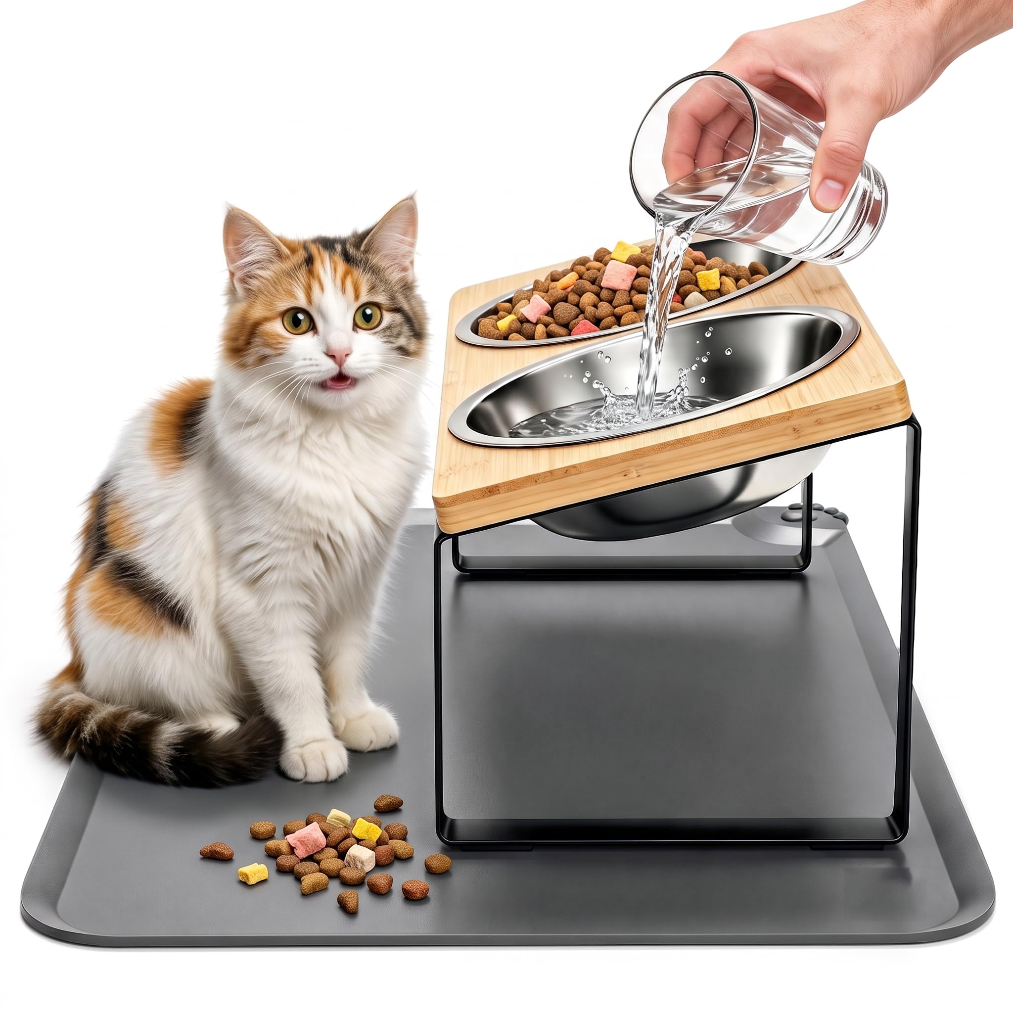 Bols de nourriture de chat incrustés élevés avec tapis