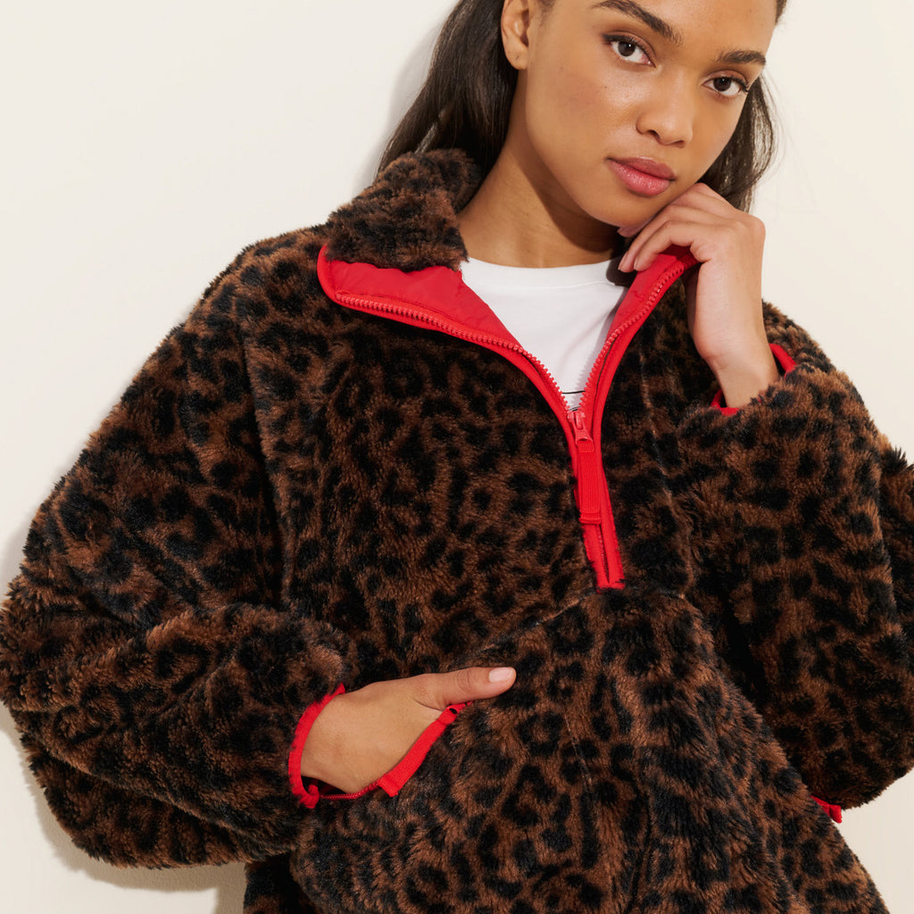 Retro coloré Floral Stand-collar Faux Lambswool Half-zip Jacket