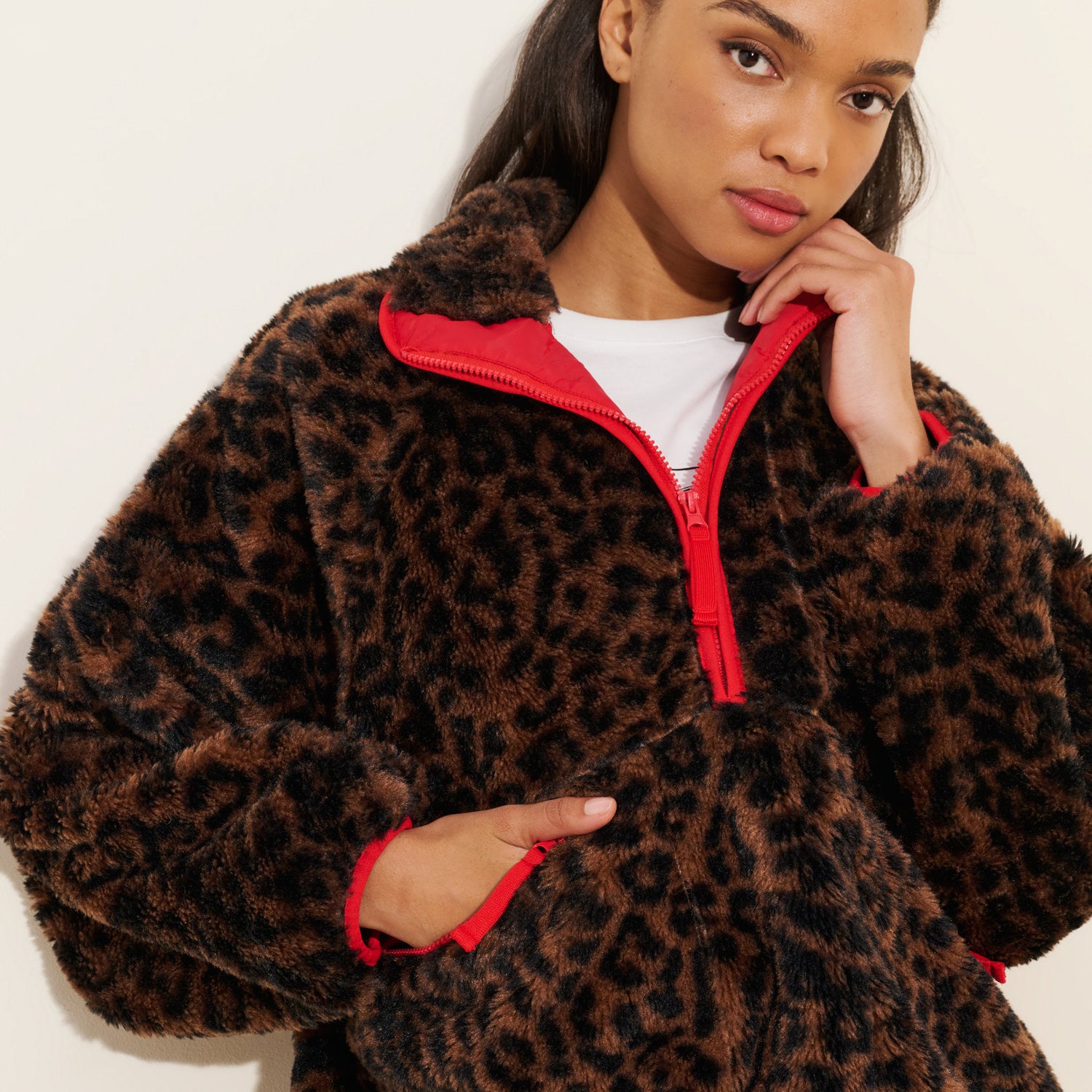 Retro coloré Floral Stand-collar Faux Lambswool Half-zip Jacket