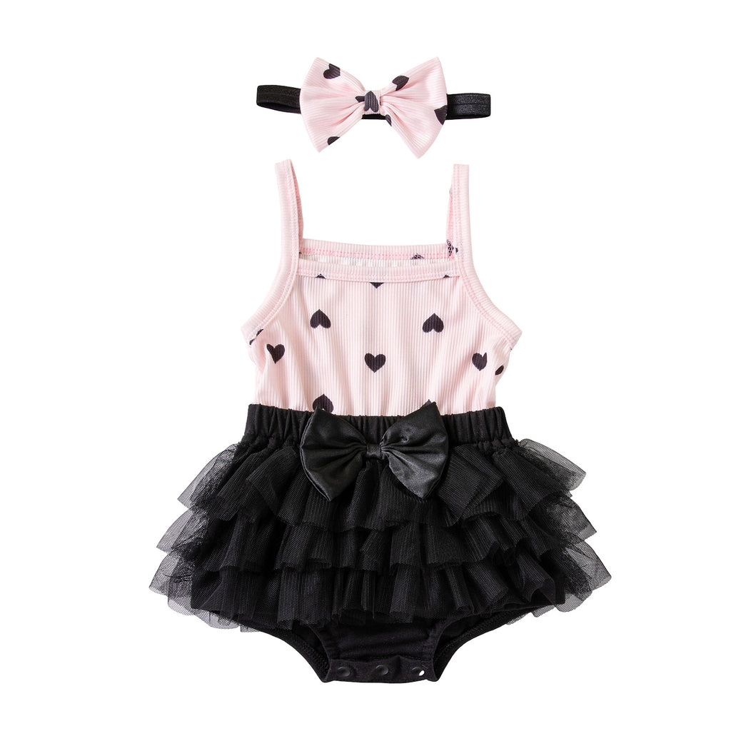 Style coréen Baby Outfit Rose et Noir Contraste Cœur bracelet côtelé Romper