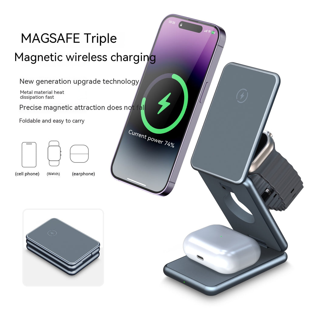 Aluminium Alliage pliant Support de charge sans fil Casque d'écoute pour téléphone portable Trois en un 1