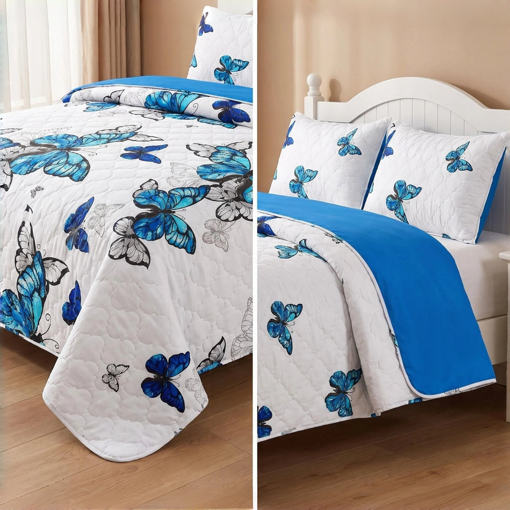 3-Piece Blue Butterfly Couverture de lit matelassée pour roi et roi de Californie