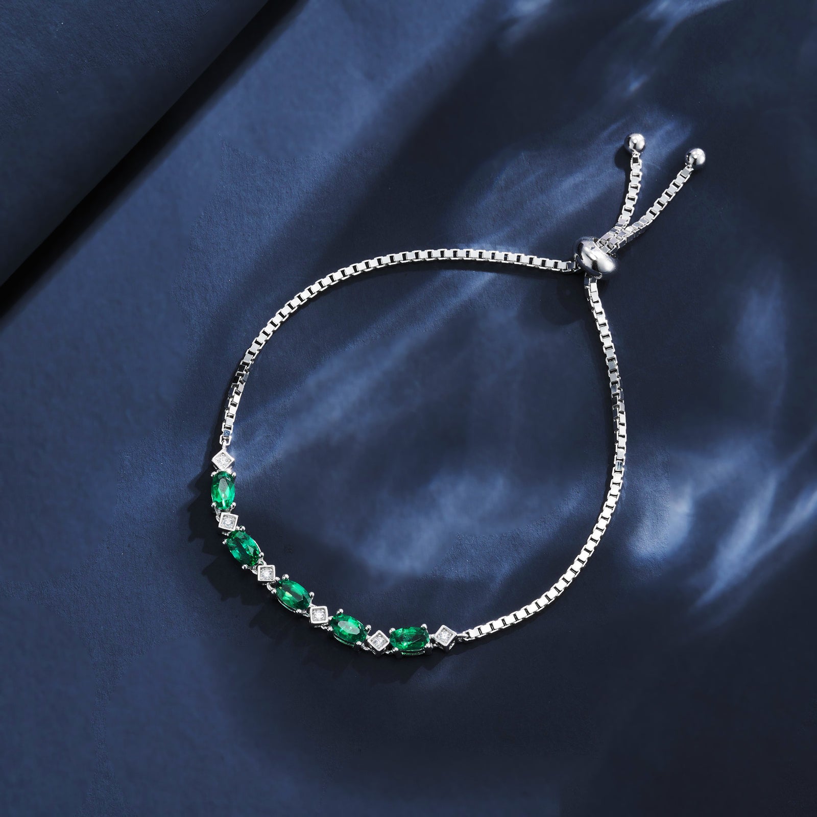 S925 Bracelet émeraude en lab-Grown en argent sterling 21cm Slider Chaîne réglable Platinum