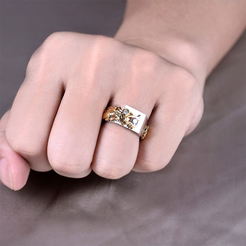 Dominateur homme Dragon Pattern Deux couleurs Zircon Strass Ring Mode Punk Hip Hop