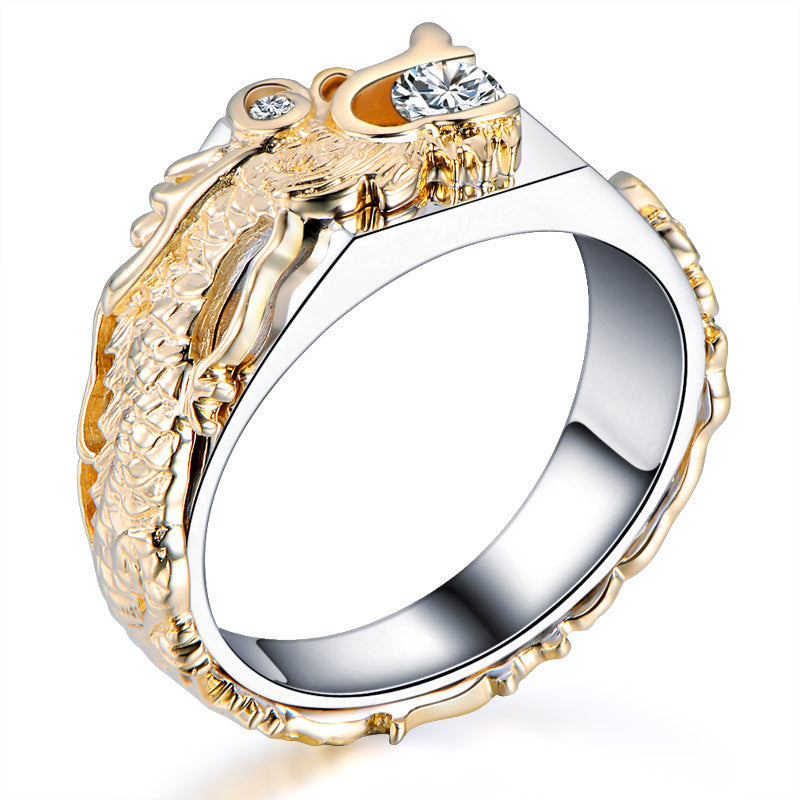 Dominateur homme Dragon Pattern Deux couleurs Zircon Strass Ring Mode Punk Hip Hop