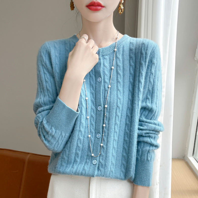 Chandail de câble bleu marine Cardigan câblé Veste ouverte de style court