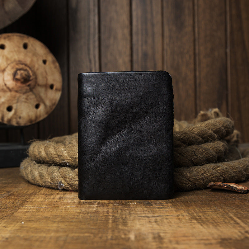 Portefeuille de fermeture éclair vertical en cuir véritable pour hommes