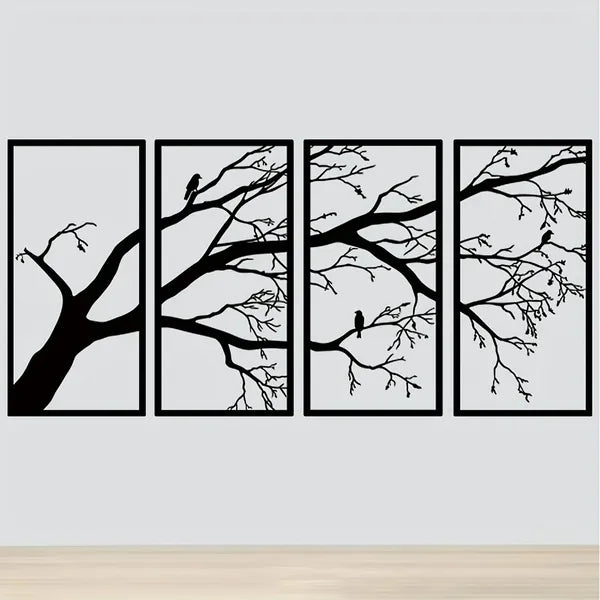 CIFbuy Iron Bare Branch & Bird 4-Panel Wall Art