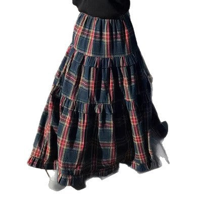 Omens Plaid Plissé Flunce-waist Élastique-waist Casual Élégant jupe Maxi
