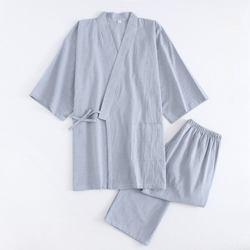 Coton Lavé Pyjama costume mince rayé hommes et femmes japonais couple Kimono pantalons