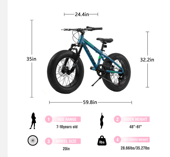 V202035 20 pouces Fat Tire Bike 7 Speed Mountain Bike