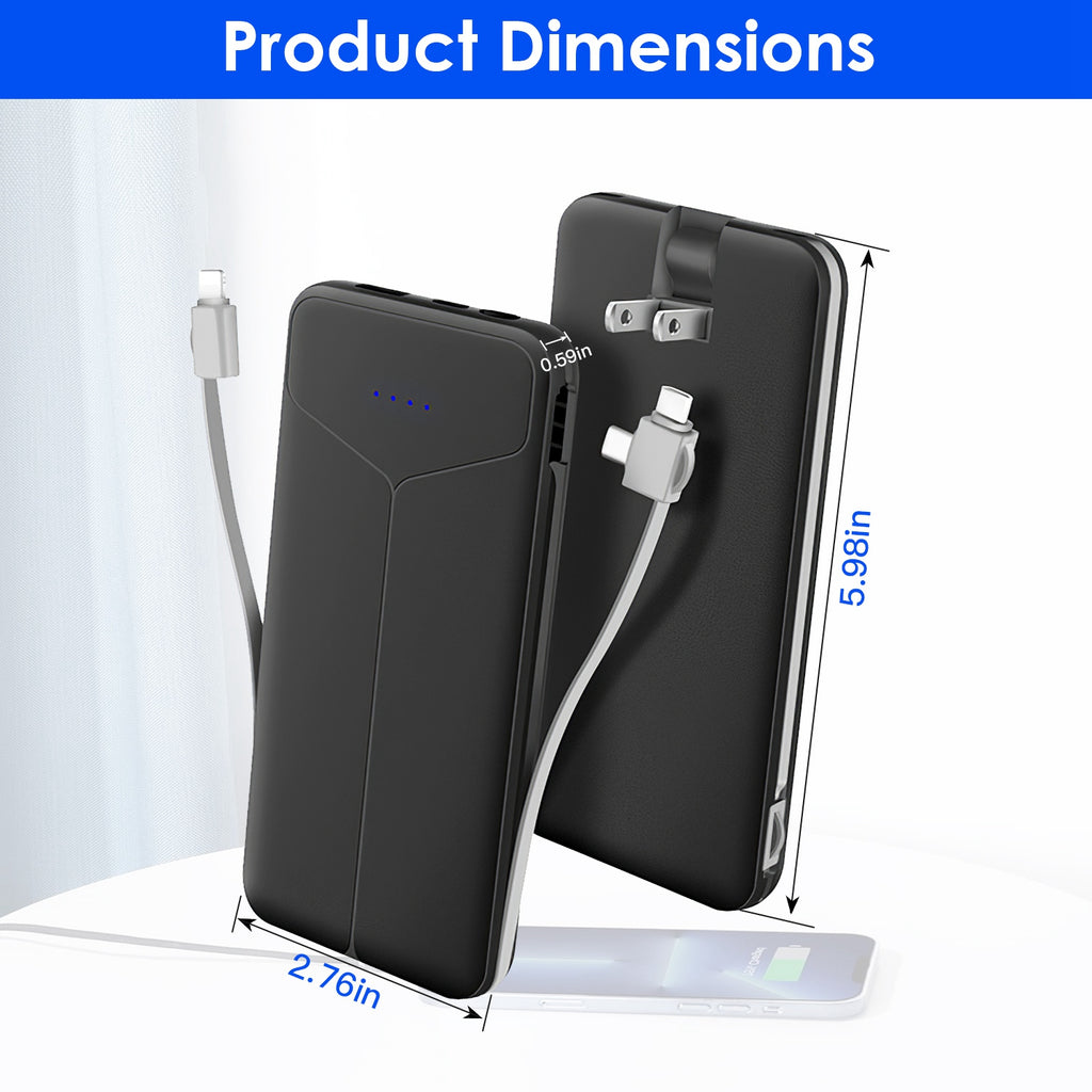 Chargeur portable 10000mAh Power Bank avec prise américaine 2 câbles intégrés Batterie externe