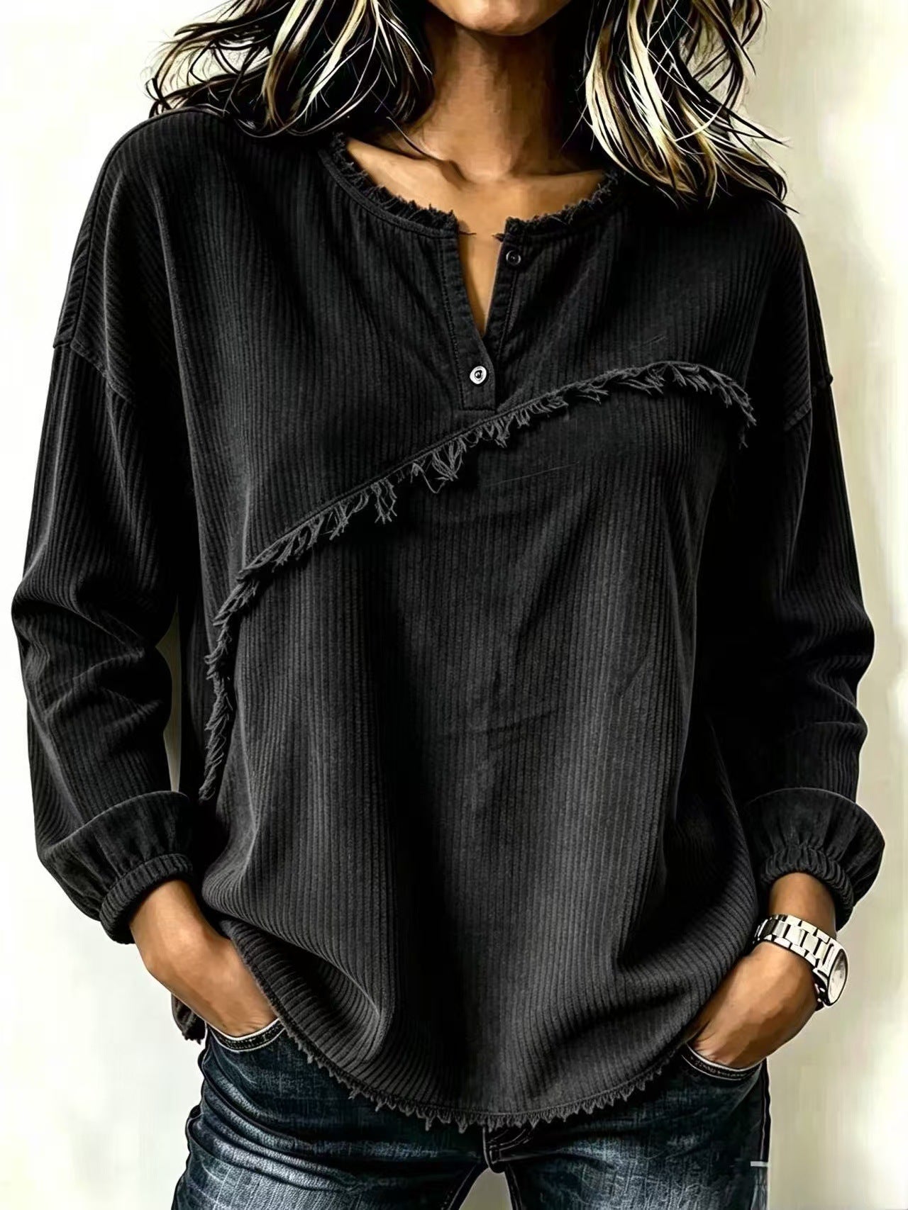 Femmes Col de Henley Corduroy Top avec Tasseaux Raw-edge