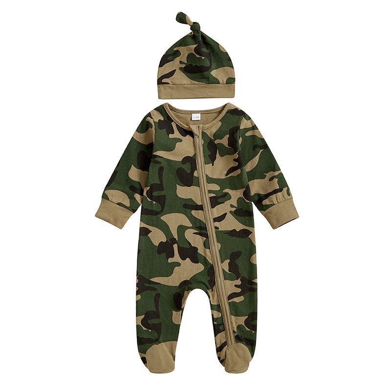 Creative Camouflage Print Zip-Up Baby Onesie et Hat Set