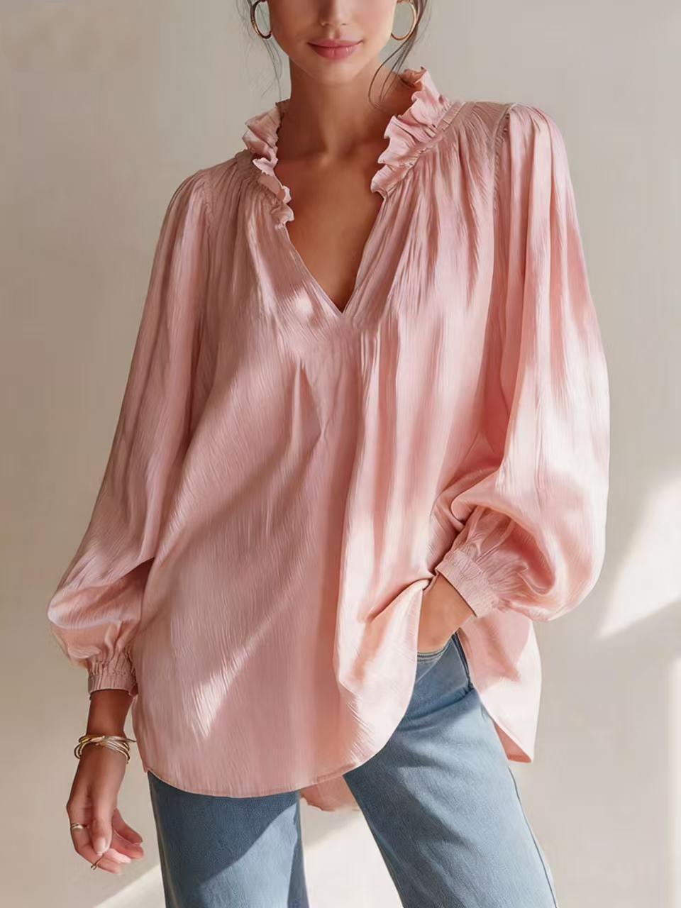 Femmes Casual Ruffled-edge V-neck Blouse à manches de puff