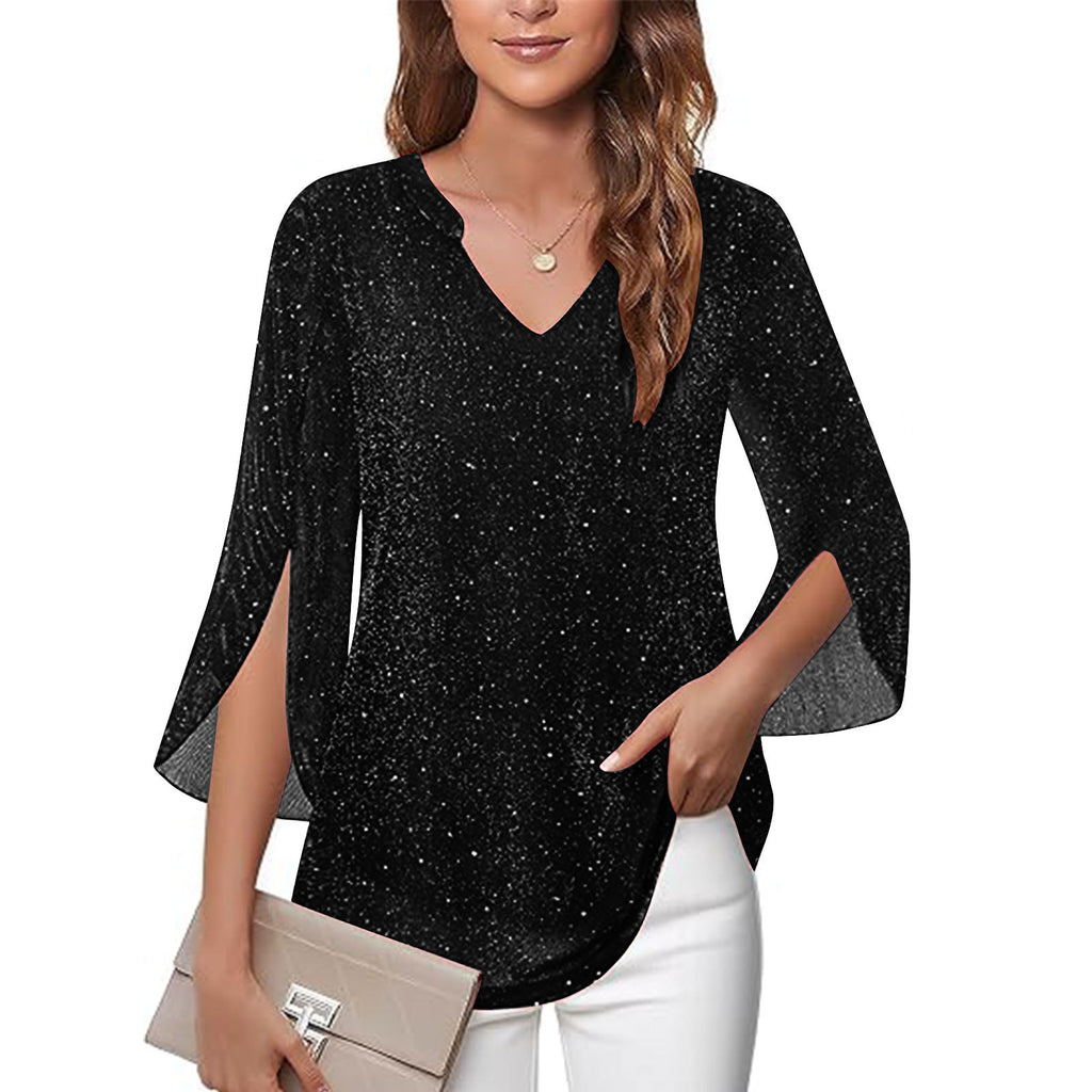 Croped Bell-Sleeve V-Neck Déplacement Top avec Double-Layer Silver-Thread Mesh