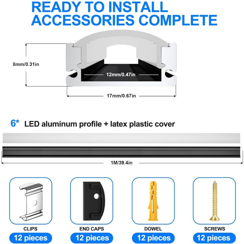 6 Pack noir U forme LED en aluminium canal 3.3FT 1M LED profil avec lait blanc diffuseur C