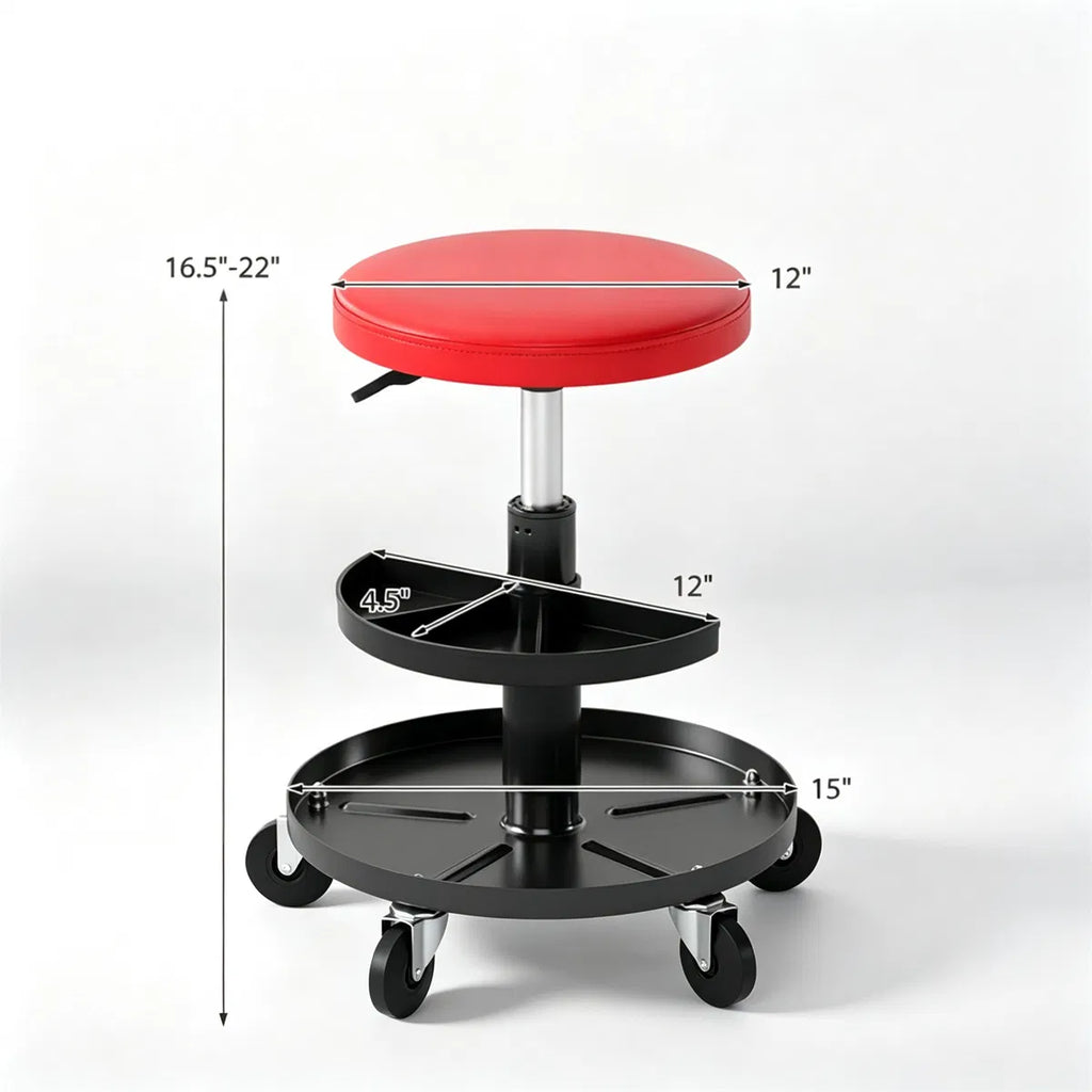 Tabouret mécanique à rouleaux réglable rouge avec bacs de stockage d'outils de 2 étages