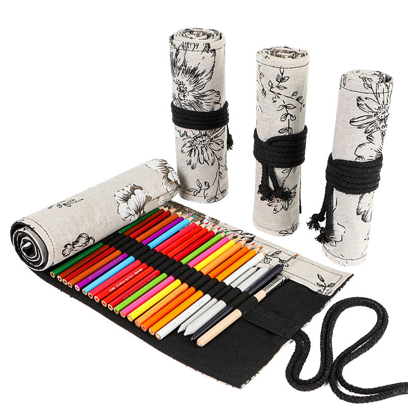 Noir Peony Hefeng imprimé toile rideau de crayon haute capacité sac en rouleau de crayon