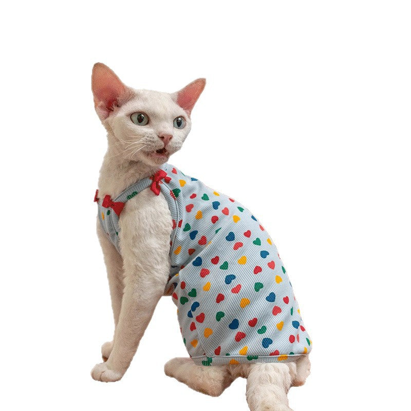Sphynx Cat T-shirt T-shirt d'été Coeurs Pattern avec Accents Bow Stretchy confortable Skin-F